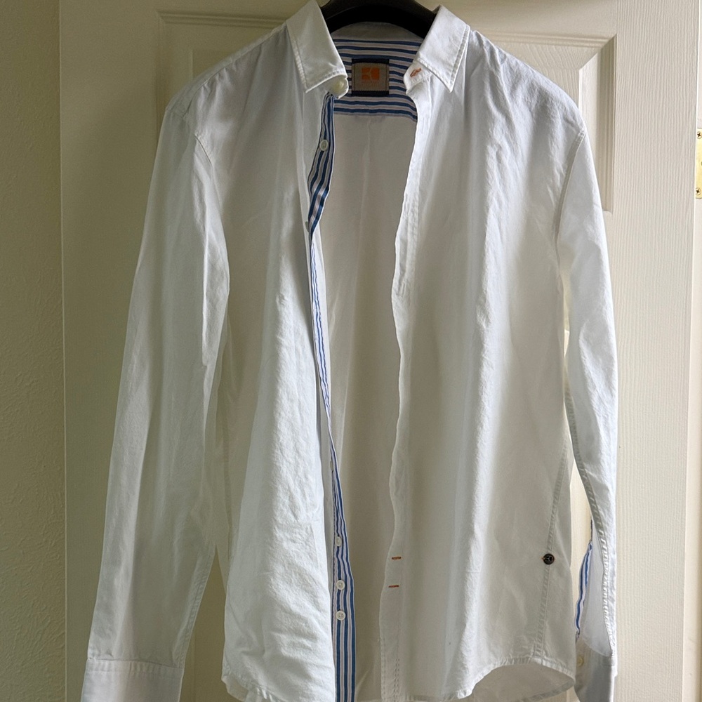 BOSS ORANGE White Men's Dress Shirt with Blue Stripe Trim
